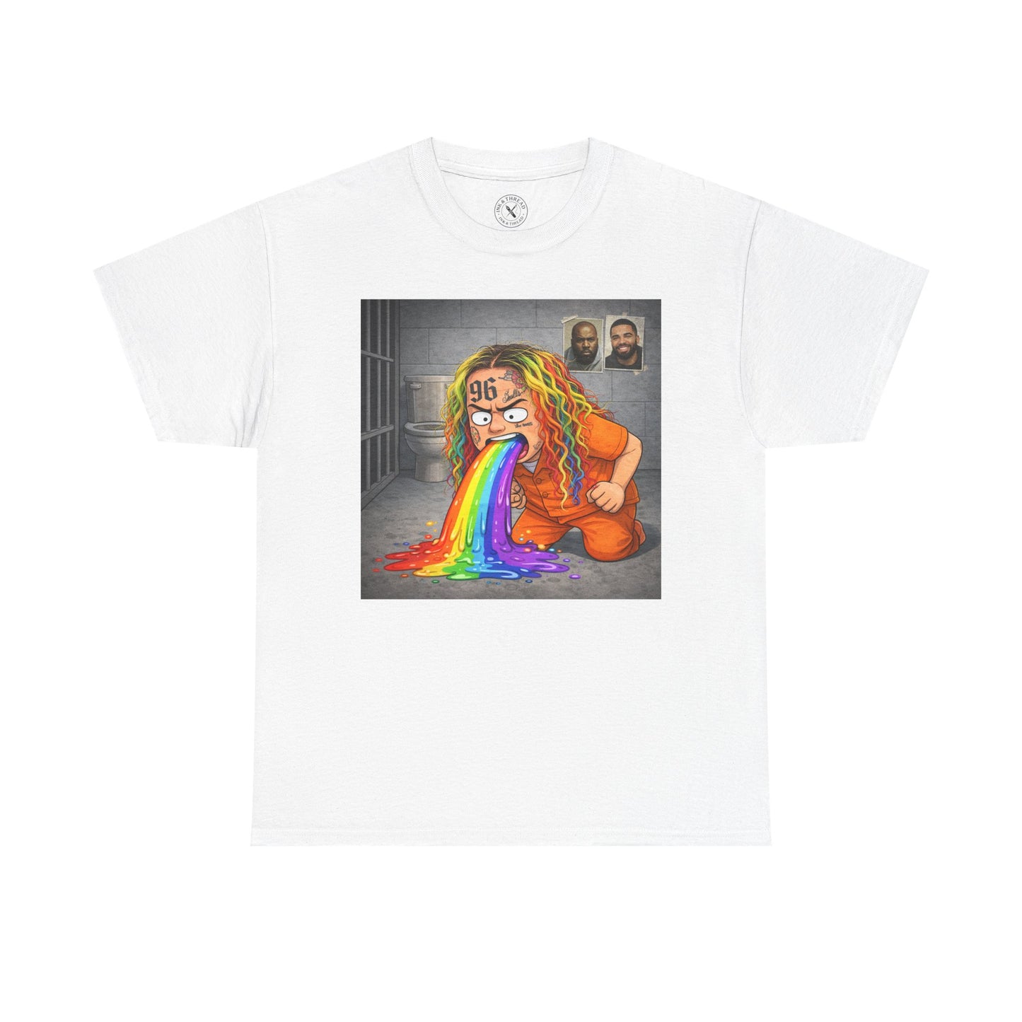 White t-shirt with a graphic of a person with rainbow hair and a rainbow-colored substance on a white background