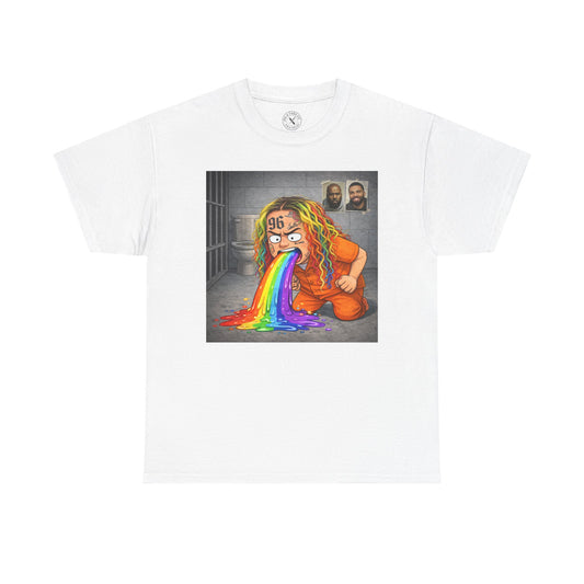 White t-shirt with a graphic of a person with rainbow hair and a rainbow-colored substance on a white background