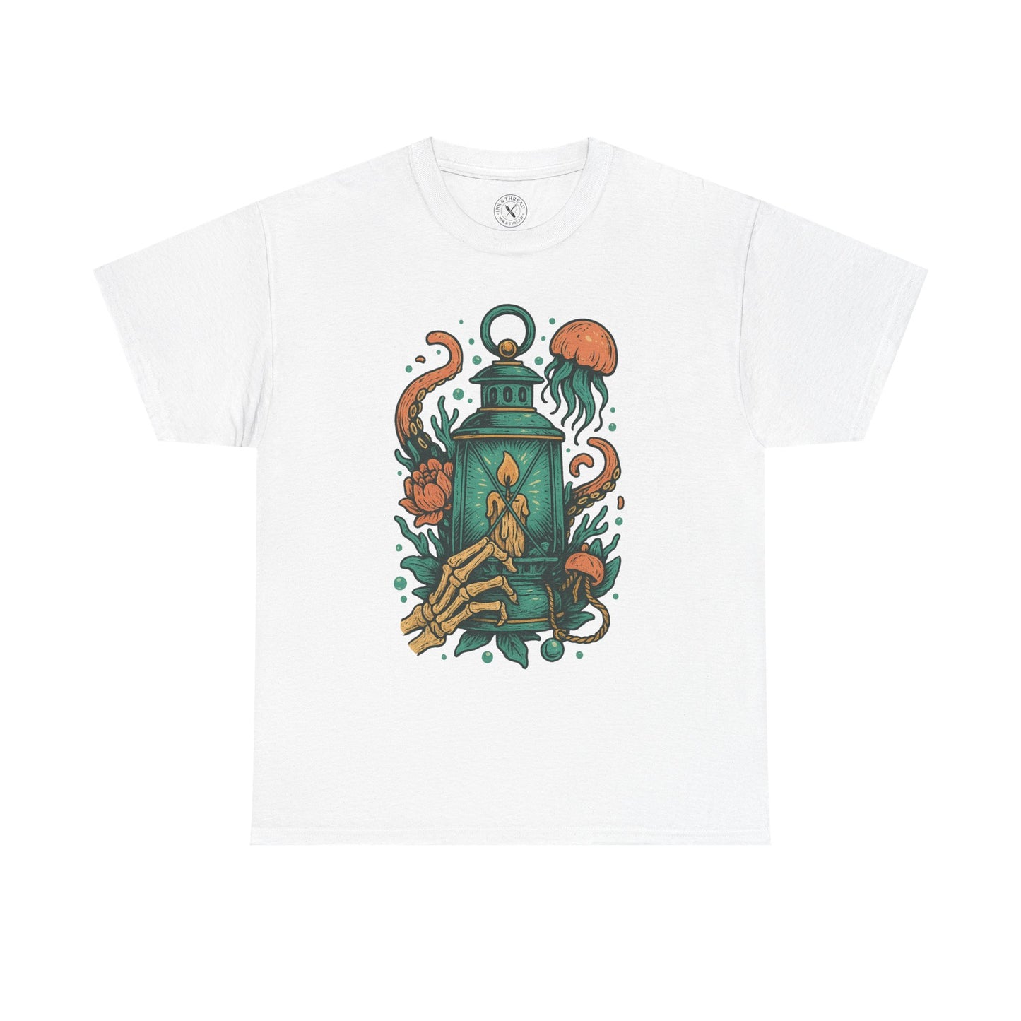 White t-shirt with a green lantern and floral design on a white background