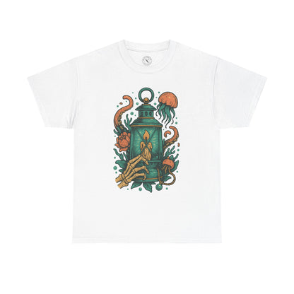 White t-shirt with a green lantern and floral design on a white background