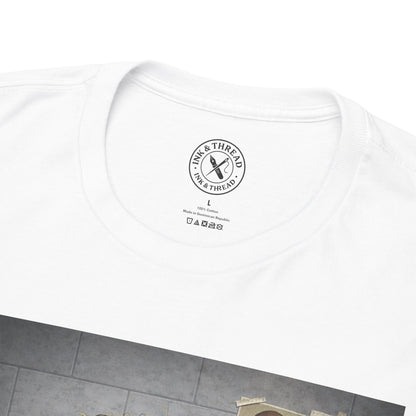 White t-shirt with a brand logo on a white background