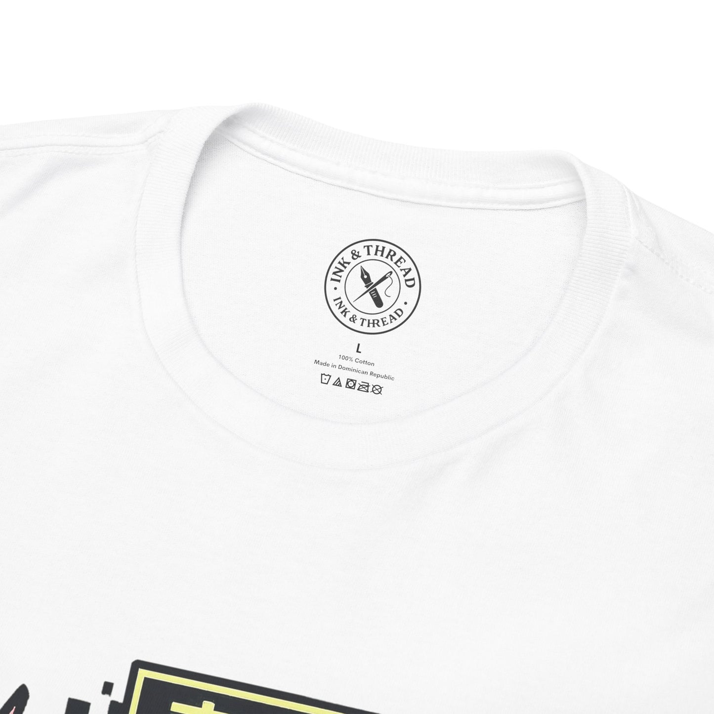 White t-shirt with a brand logo on a white background