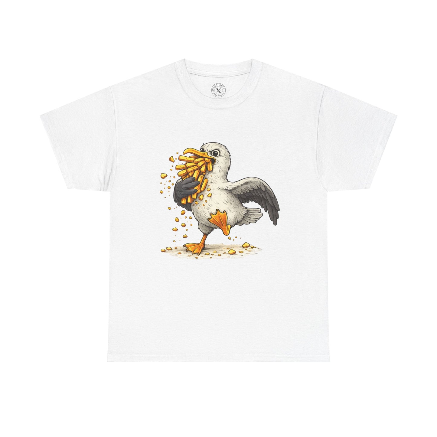 White t-shirt with a graphic of a bird eating corn on a white background
