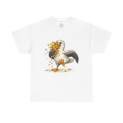White t-shirt with a graphic of a bird eating corn on a white background