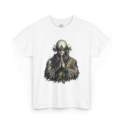 White t-shirt with a graphic design of a person in traditional attire on a white background