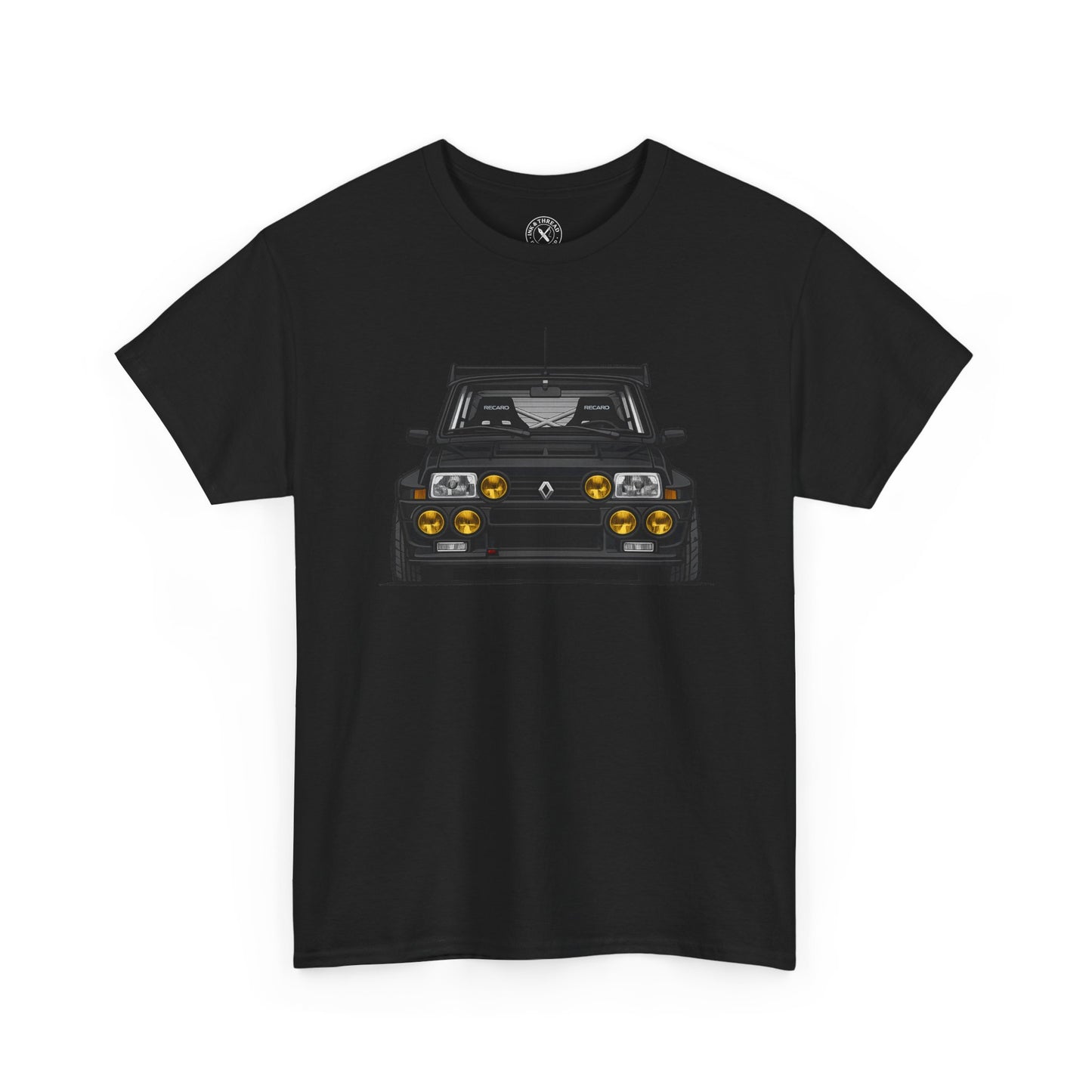 Black t-shirt with a car graphic on a white background