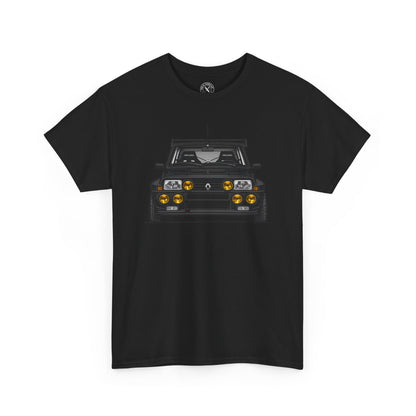 Black t-shirt with a car graphic on a white background