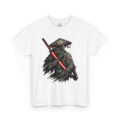 White t-shirt with a black and red graphic design on a white background