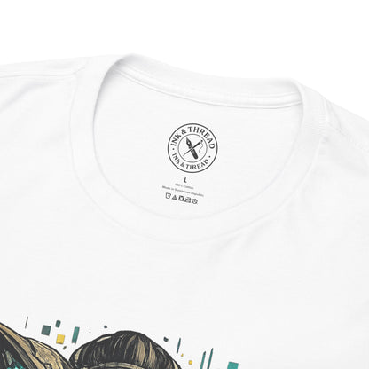 White t-shirt with a brand logo on the chest against a white background