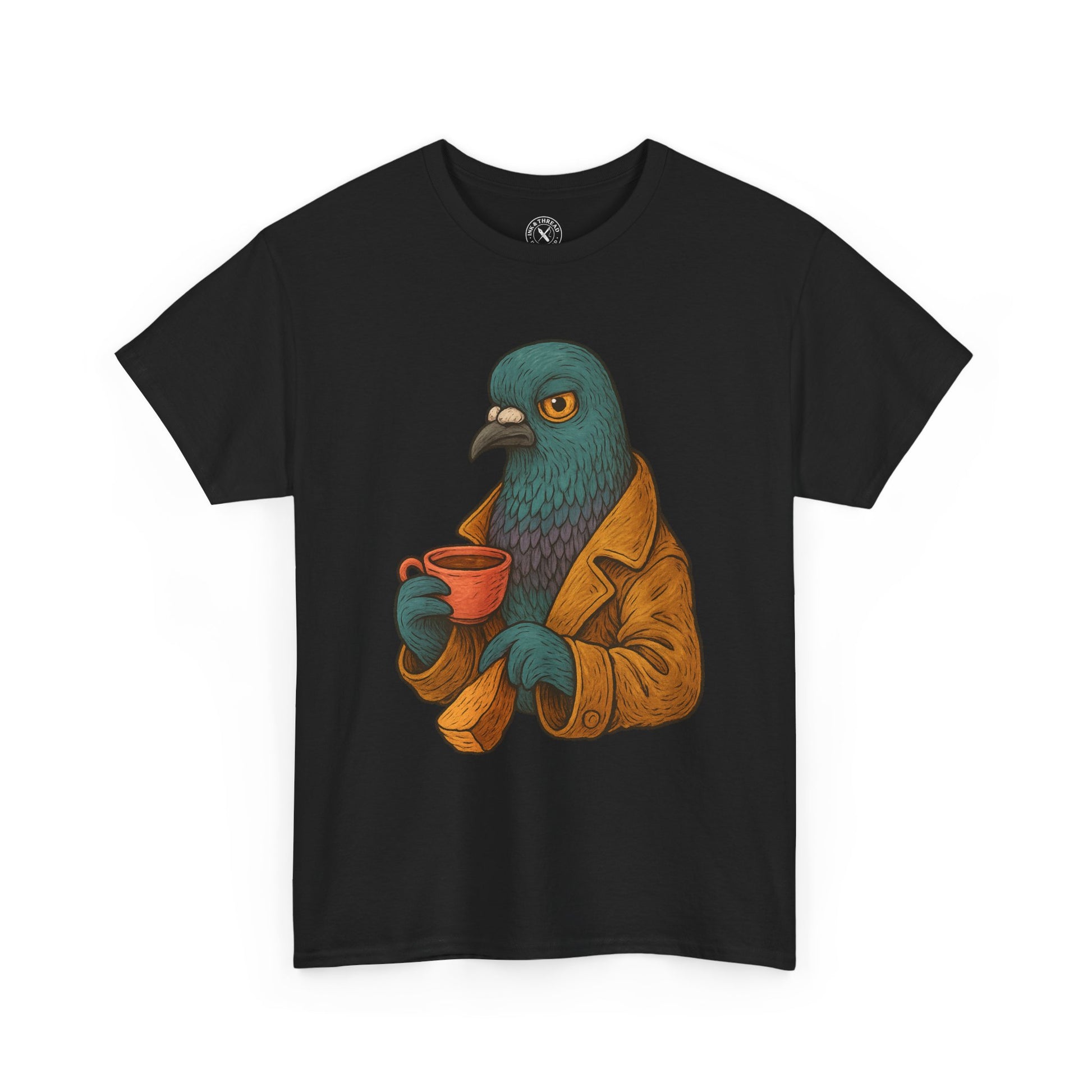 Black t-shirt with a graphic of a bird in an orange coat holding a cup on a white background