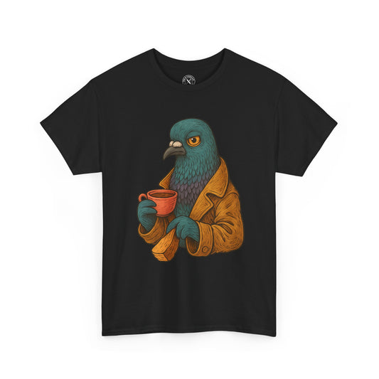Black t-shirt with a graphic of a bird in an orange coat holding a cup on a white background