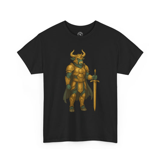 Black t-shirt with a fantasy character design on a white background