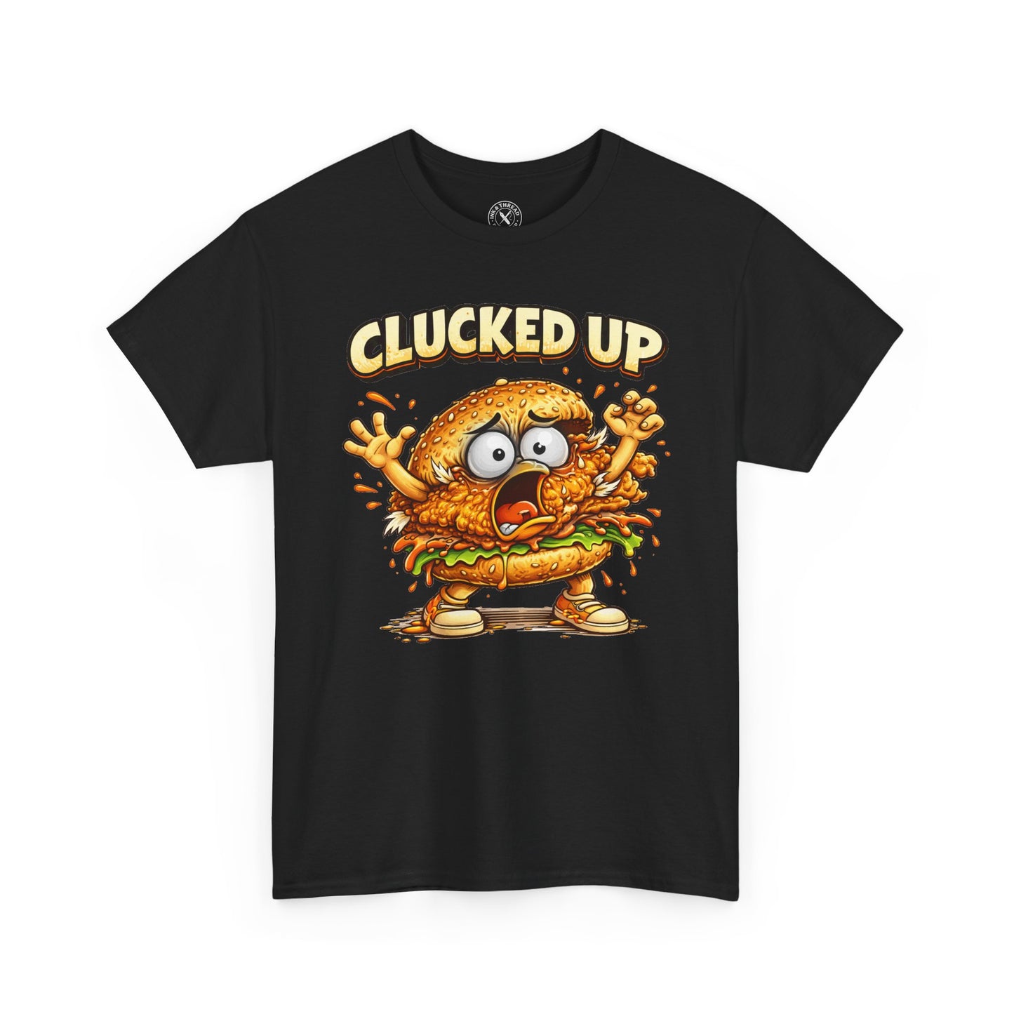 Black t-shirt with a cartoon chicken and 'Clucked Up' text on a white background