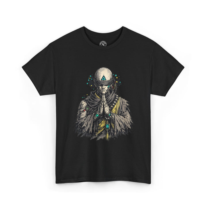 Black t-shirt with a graphic design of a person in a helmet and armor on a white background