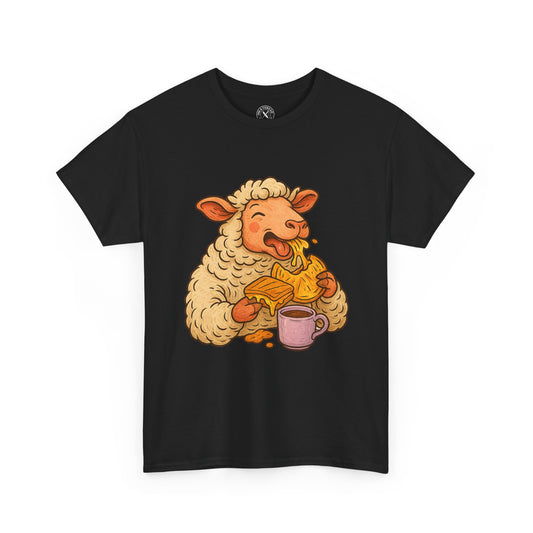 Black t-shirt with a cartoon sheep design holding a mug and a piece of bread on a white background