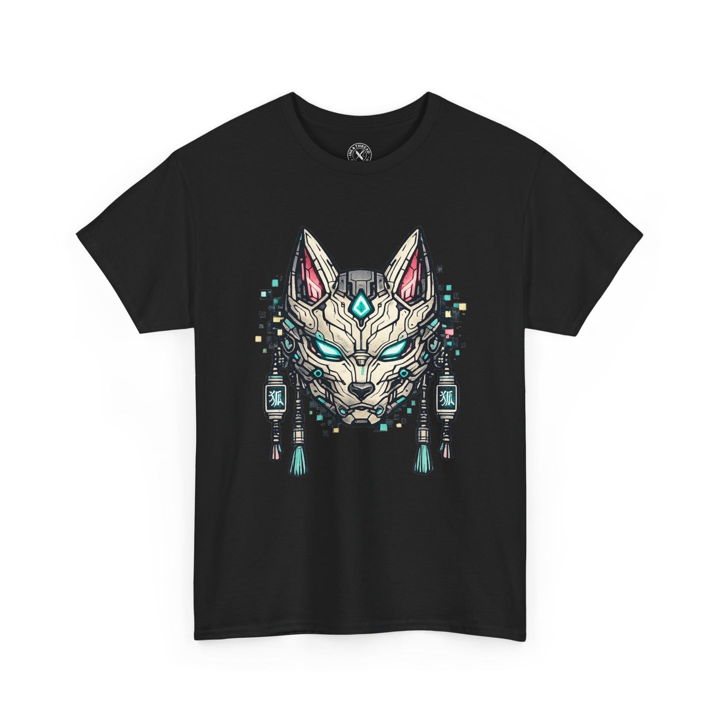Black t-shirt with a graphic of a stylized wolf head design on a white background