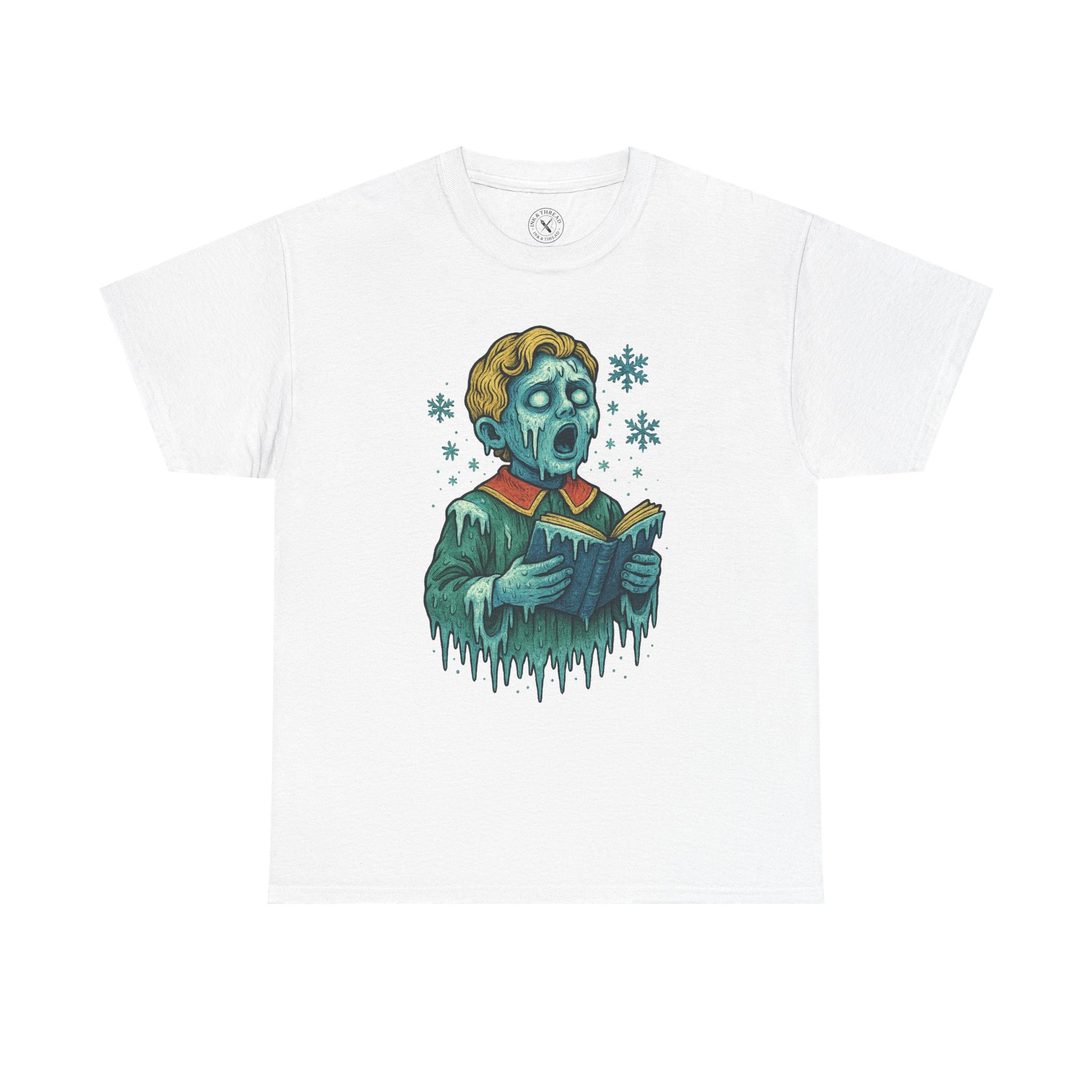 Frozen Choirboy dark Christmas tattoo art T-shirt featuring ghostly child singer with icy tones
