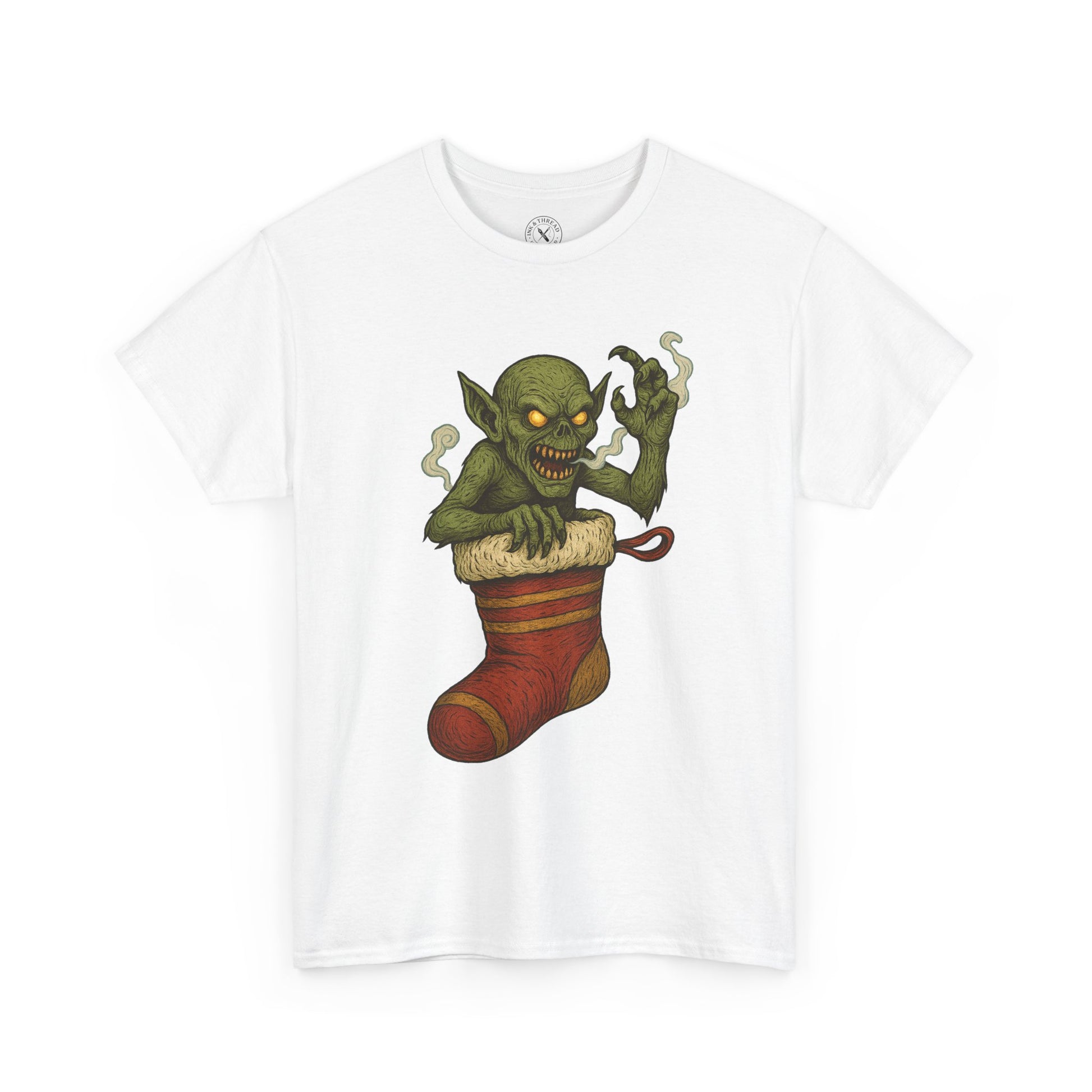 Stocking Stalker festive horror tattoo artwork printed on white T-shirt
