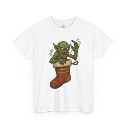 Stocking Stalker festive horror tattoo artwork printed on white T-shirt
