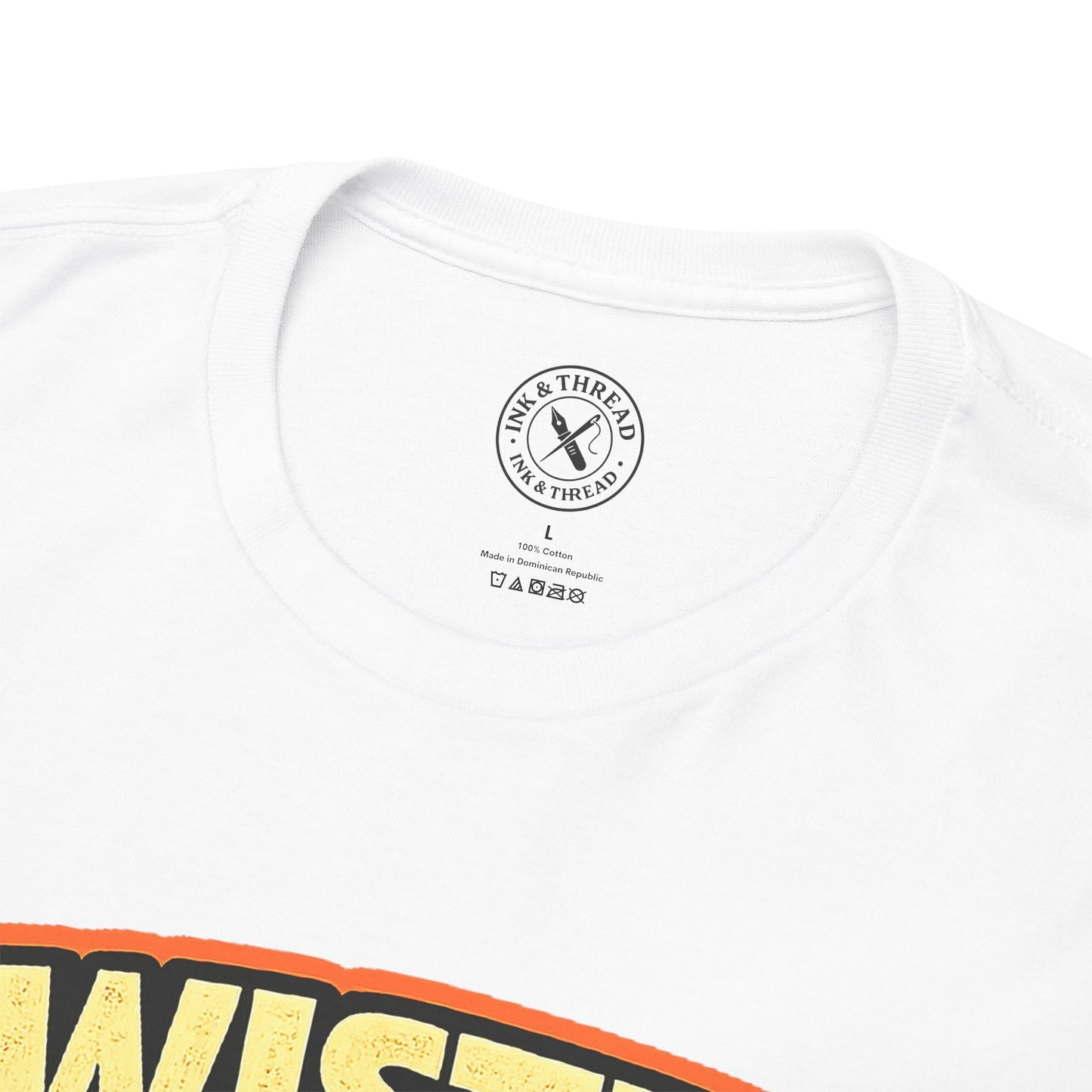 White t-shirt with a logo and text on a white background