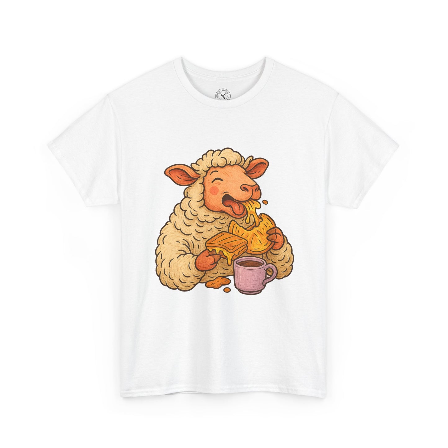 White t-shirt with a cartoon sheep holding a mug on a white background