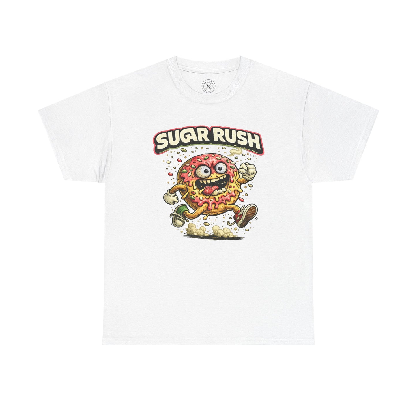 White t-shirt with 'Sugar Rush' graphic design featuring a cartoon character on a white background