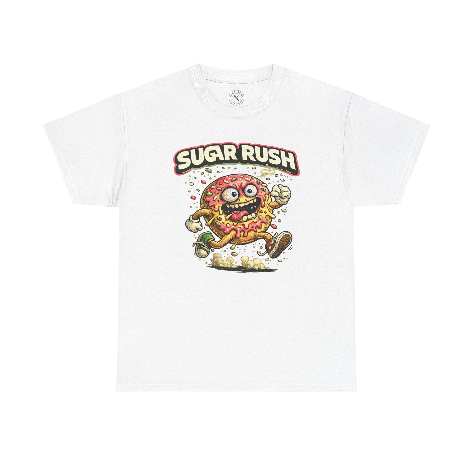 White t-shirt with 'Sugar Rush' graphic design featuring a cartoon character on a white background