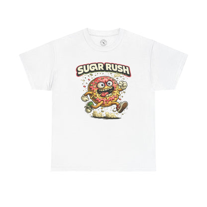 White t-shirt with 'Sugar Rush' graphic design featuring a cartoon character on a white background