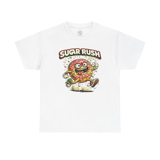 White t-shirt with 'Sugar Rush' graphic design featuring a cartoon character on a white background