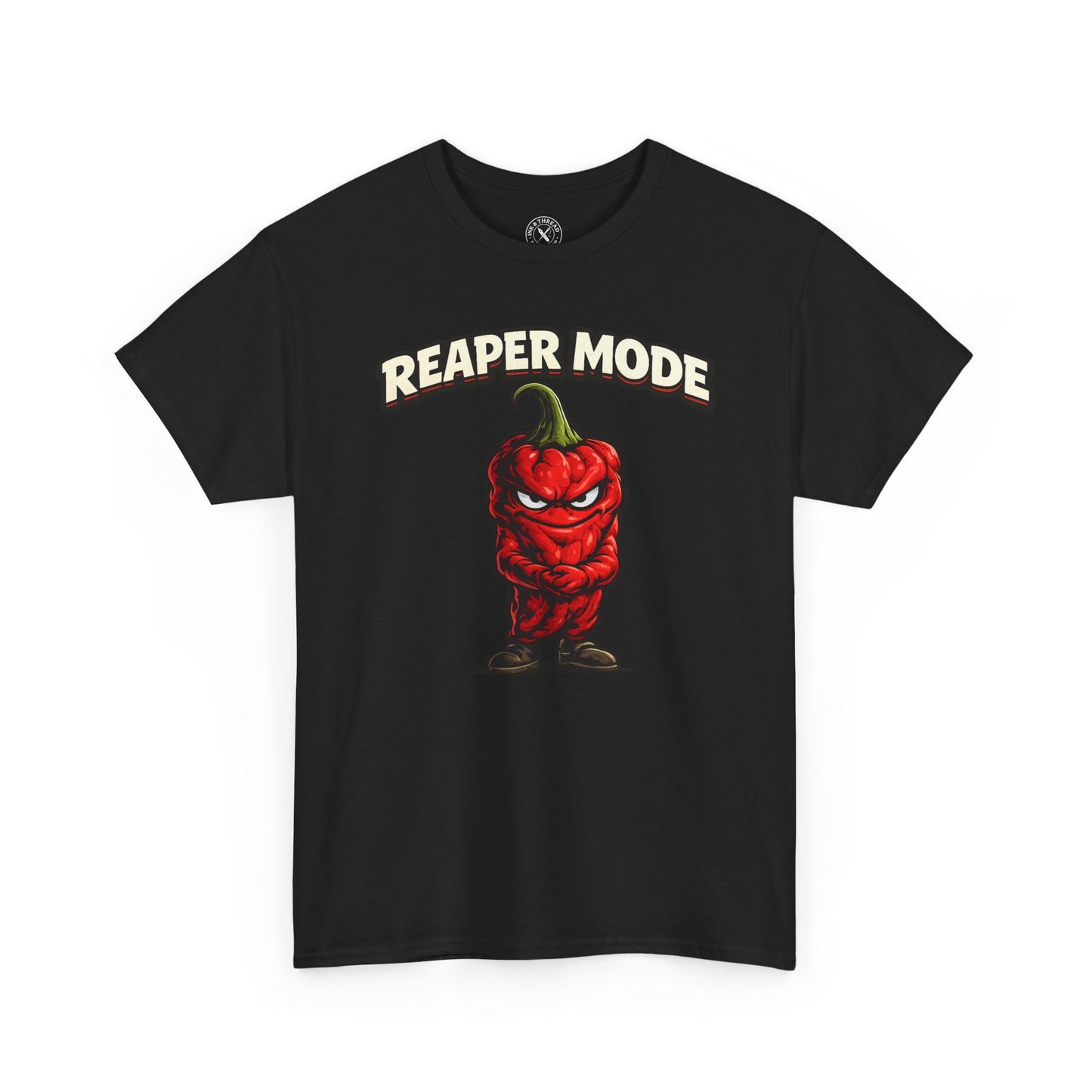 Black t-shirt with a red pepper graphic and 'REAPER MODE' text on a white background