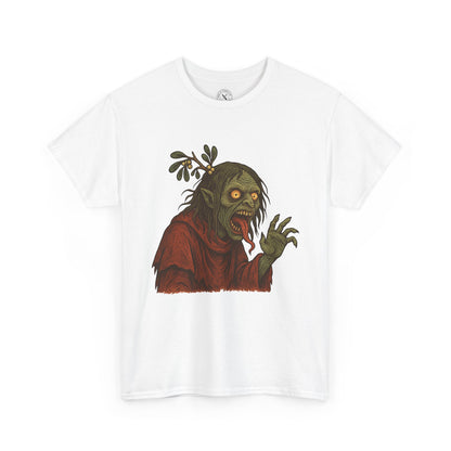 Midnight Mistle-Thing festive horror tattoo artwork printed on white T-shirt
