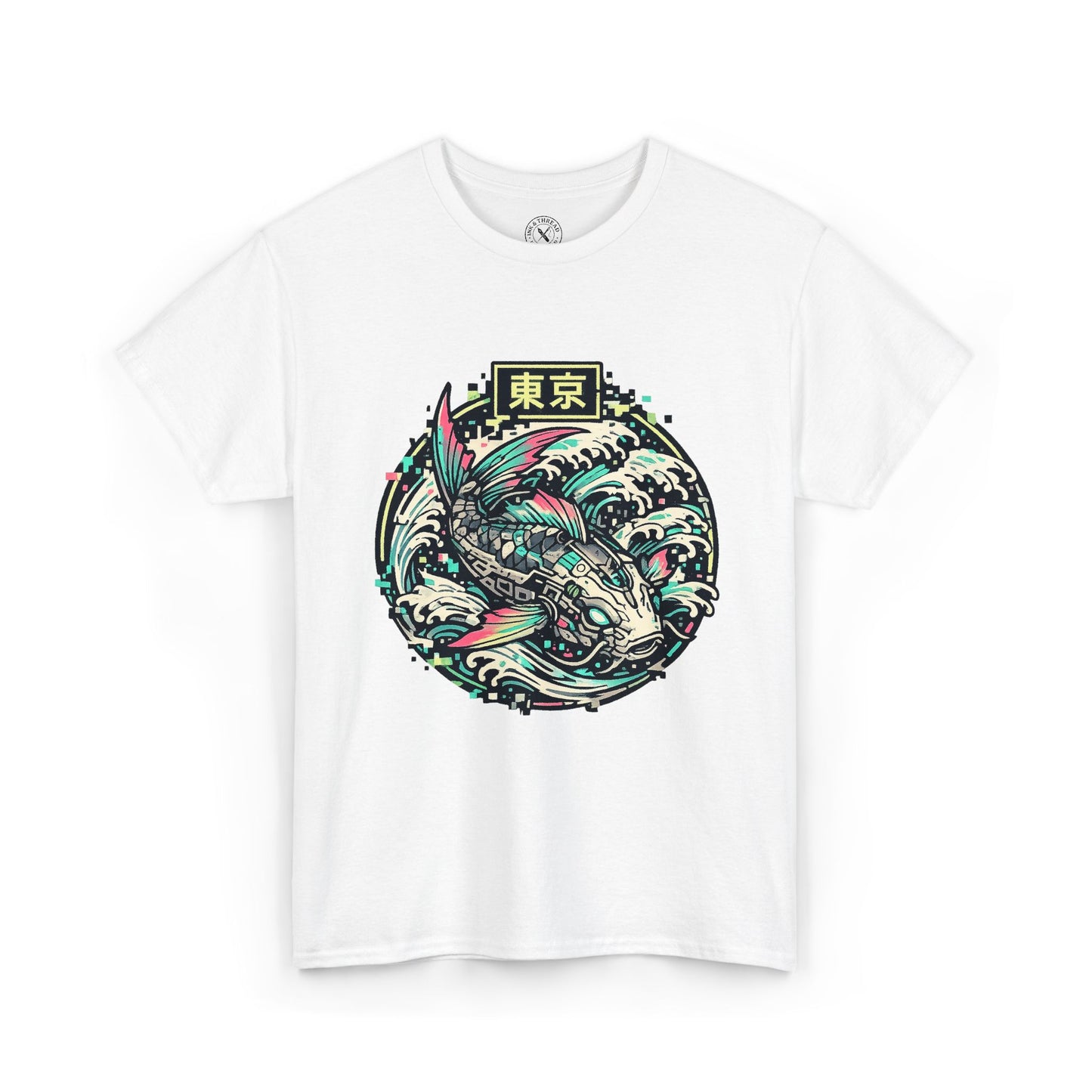 White t-shirt with a colorful fish design and text on a white background
