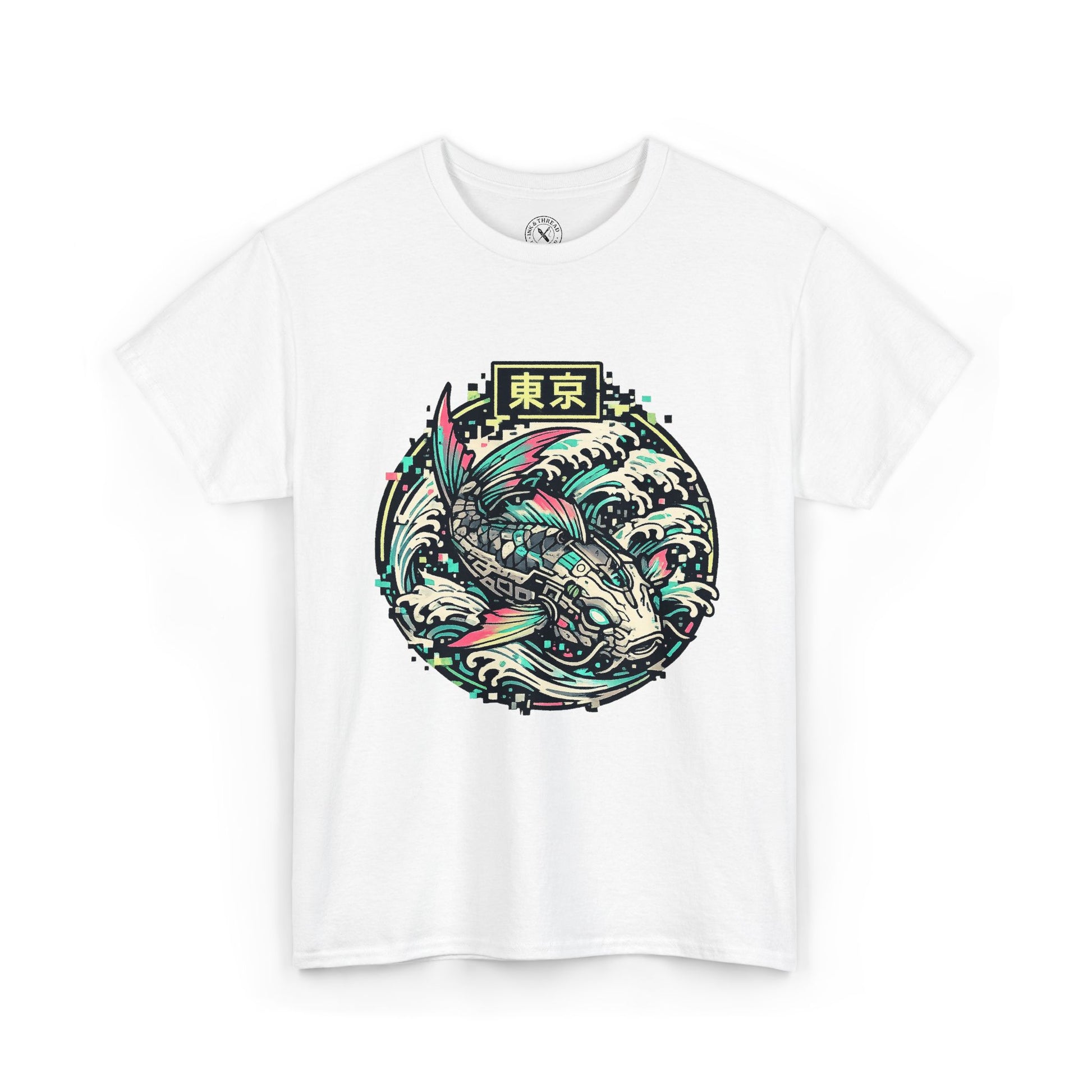 White t-shirt with a colorful fish design and text on a white background
