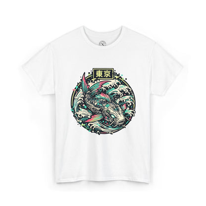 White t-shirt with a colorful fish design and text on a white background