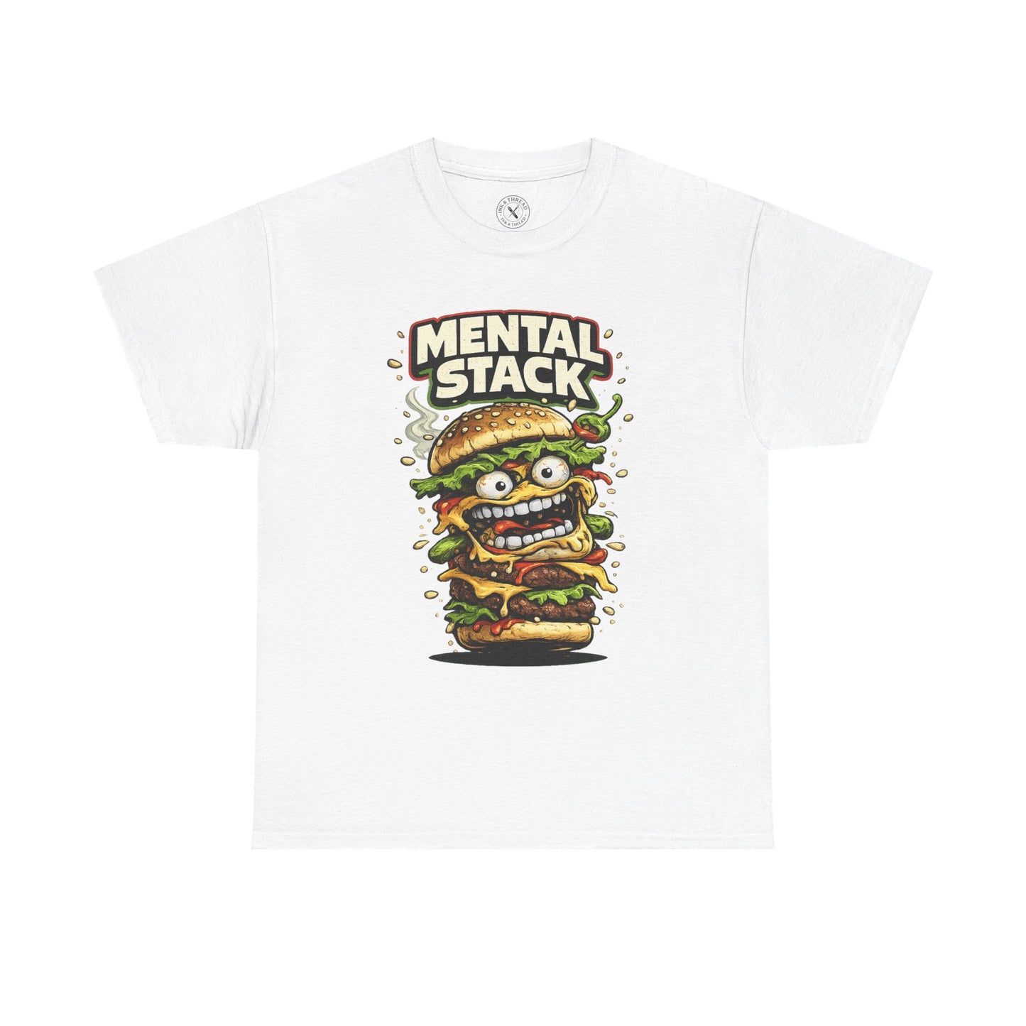 White t-shirt with a graphic of a stacked burger with a face and 'Mental Stack' text on a white background