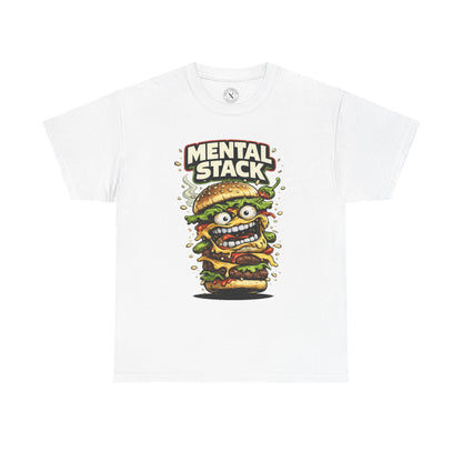 White t-shirt with a graphic of a stacked burger with a face and 'Mental Stack' text on a white background