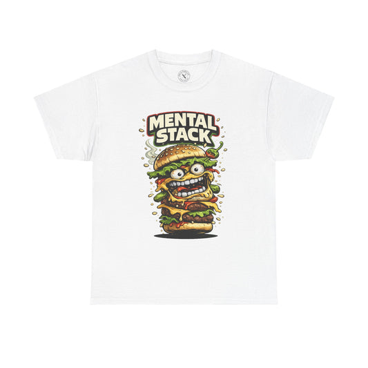 White t-shirt with a graphic of a stacked burger with a face and 'Mental Stack' text on a white background