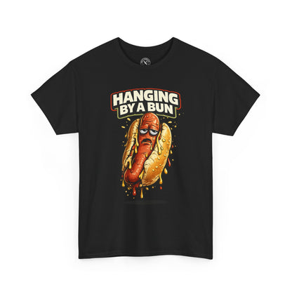 Black t-shirt with a hot dog graphic and 'Hanging By A Bun' text on a white background