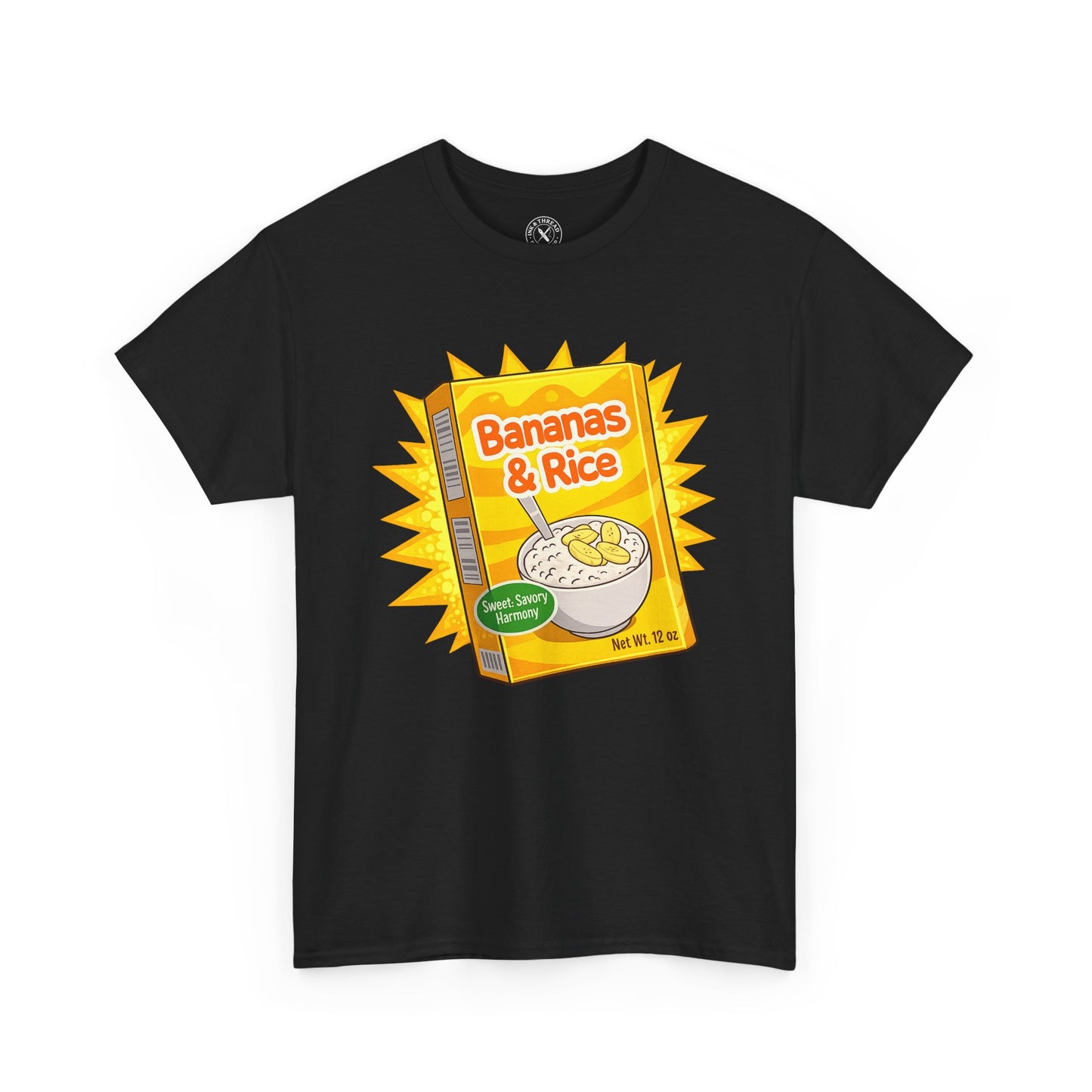 Black t-shirt with 'Bananas & Rice' cereal box graphic on a white background