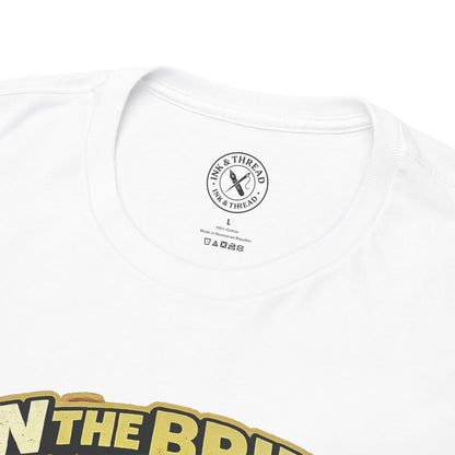 White t-shirt with a logo and text on a white background