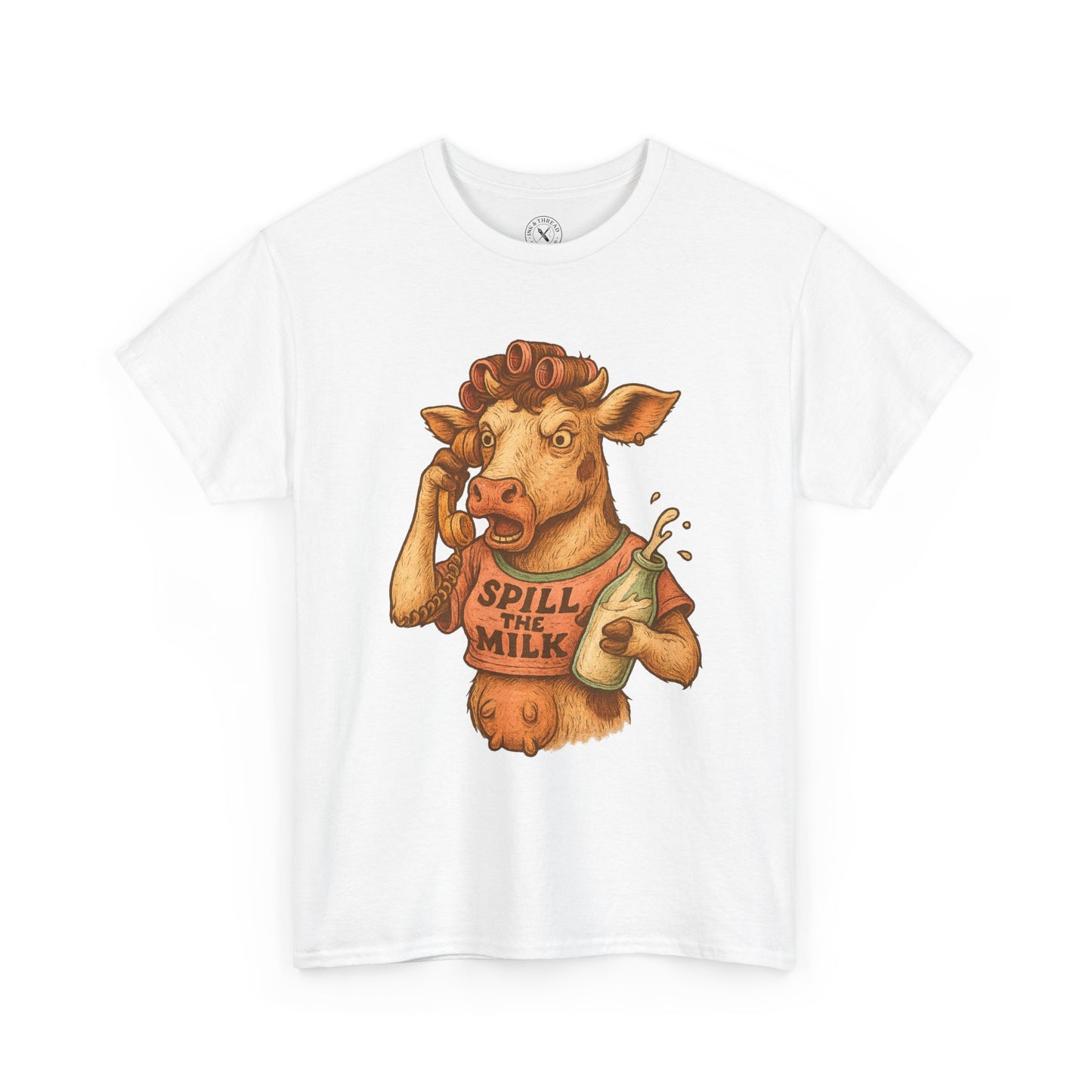 White t-shirt with a cow graphic holding a bottle labeled 'Spill the Milk' on a white background