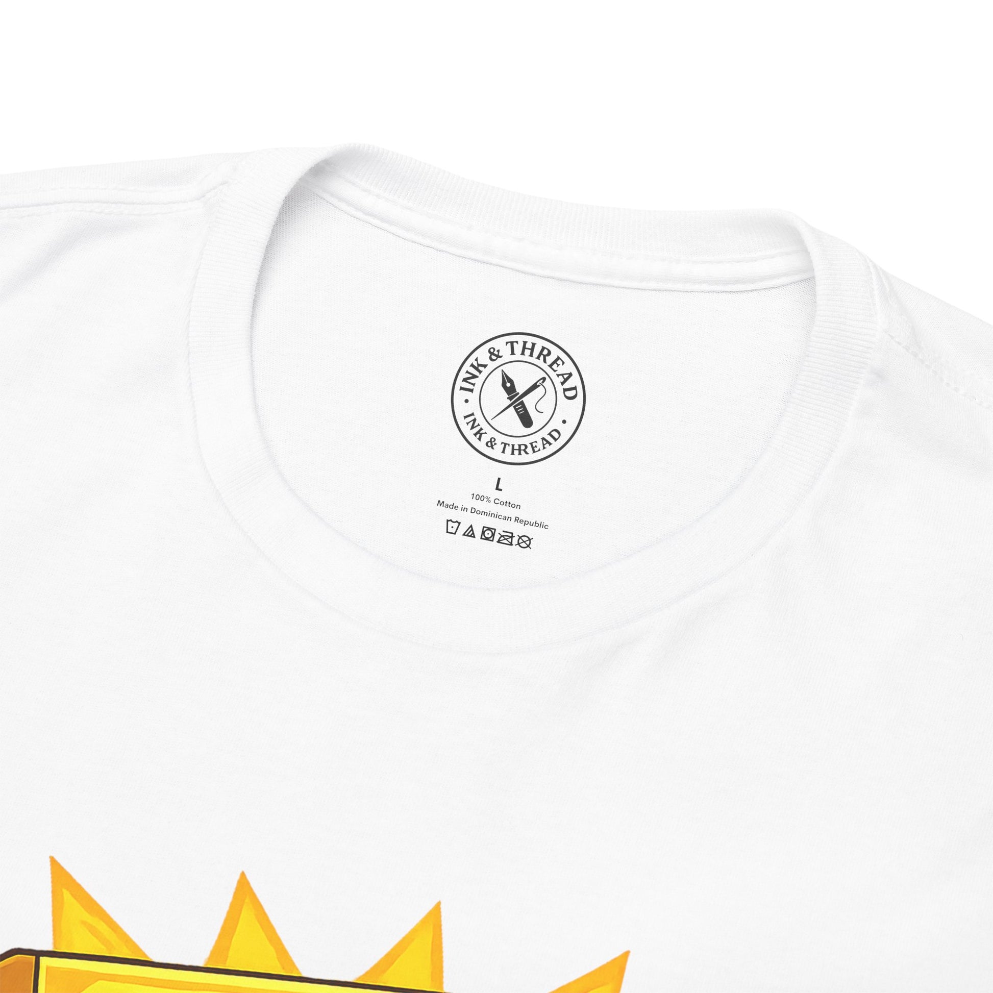 White t-shirt with a brand logo on a white background