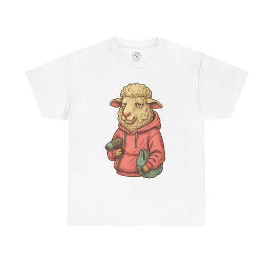 White t-shirt with a graphic of a sheep wearing a red hoodie on a white background