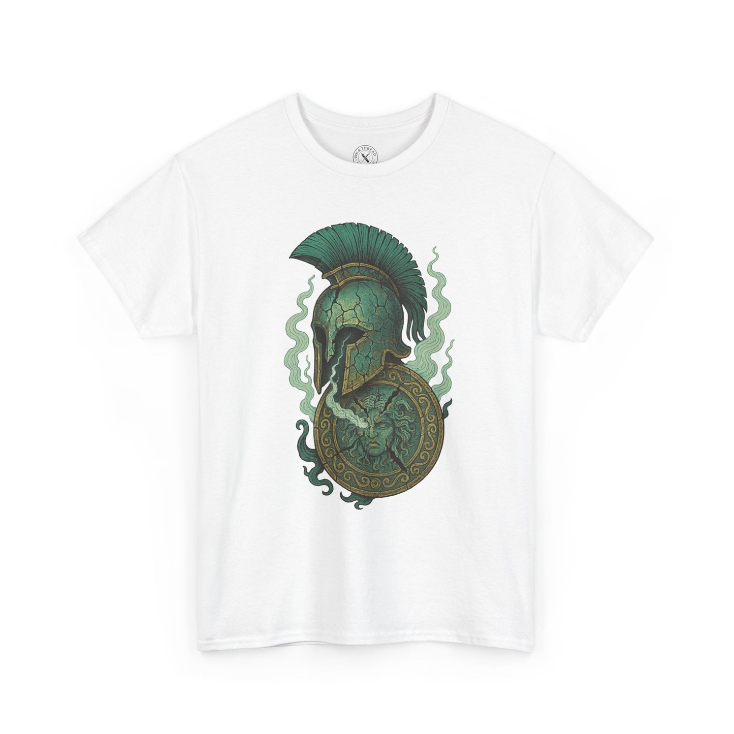 White t-shirt with green and black graphic design on a white background