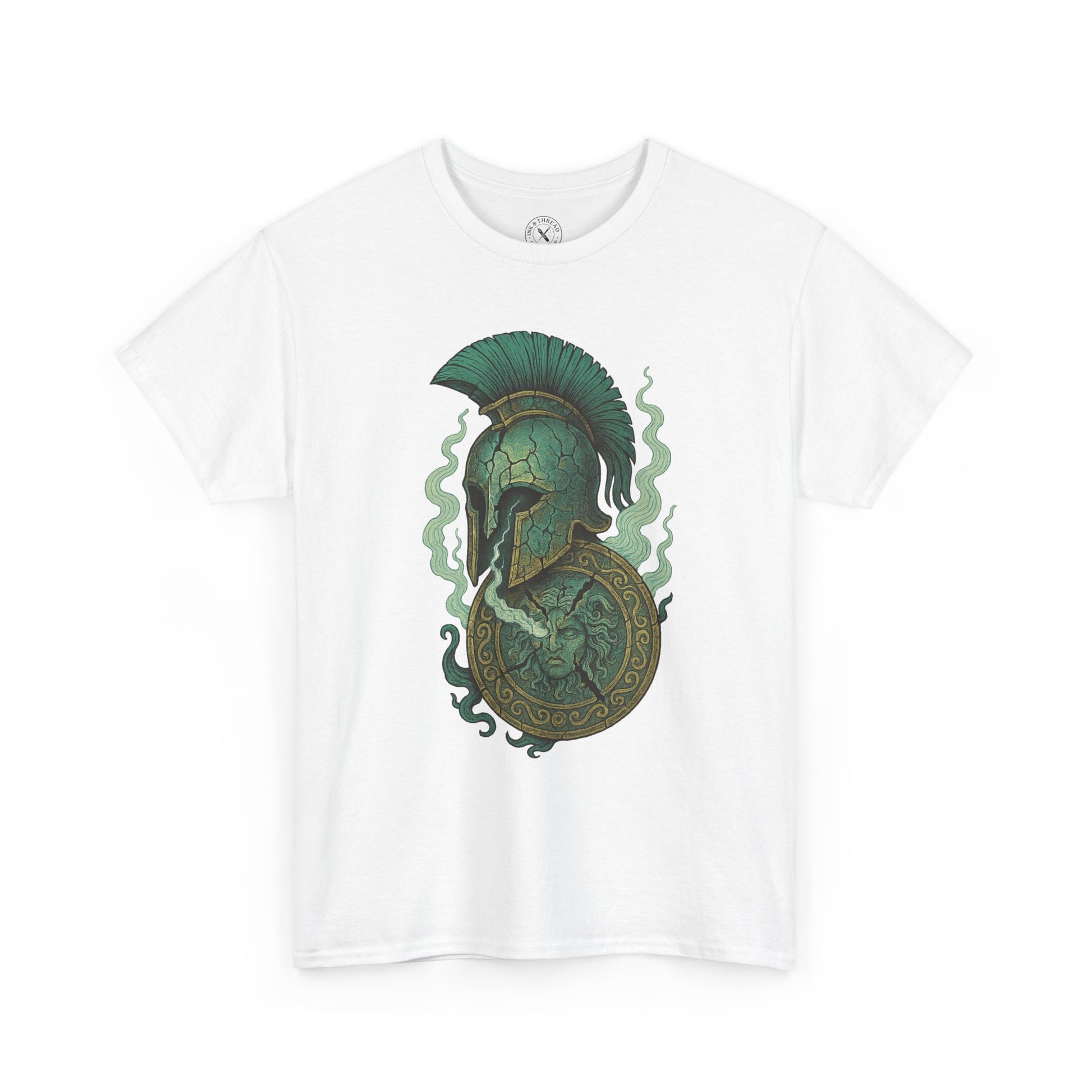 White t-shirt with green and black graphic design on a white background