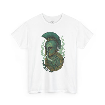 White t-shirt with green and black graphic design on a white background