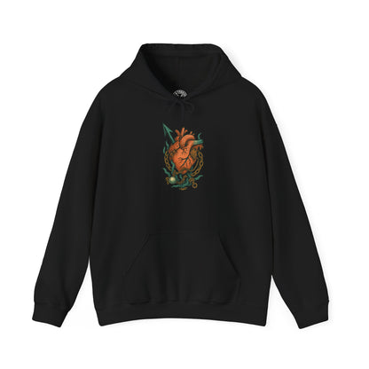 Black hoodie with a heart design on the chest against a white background