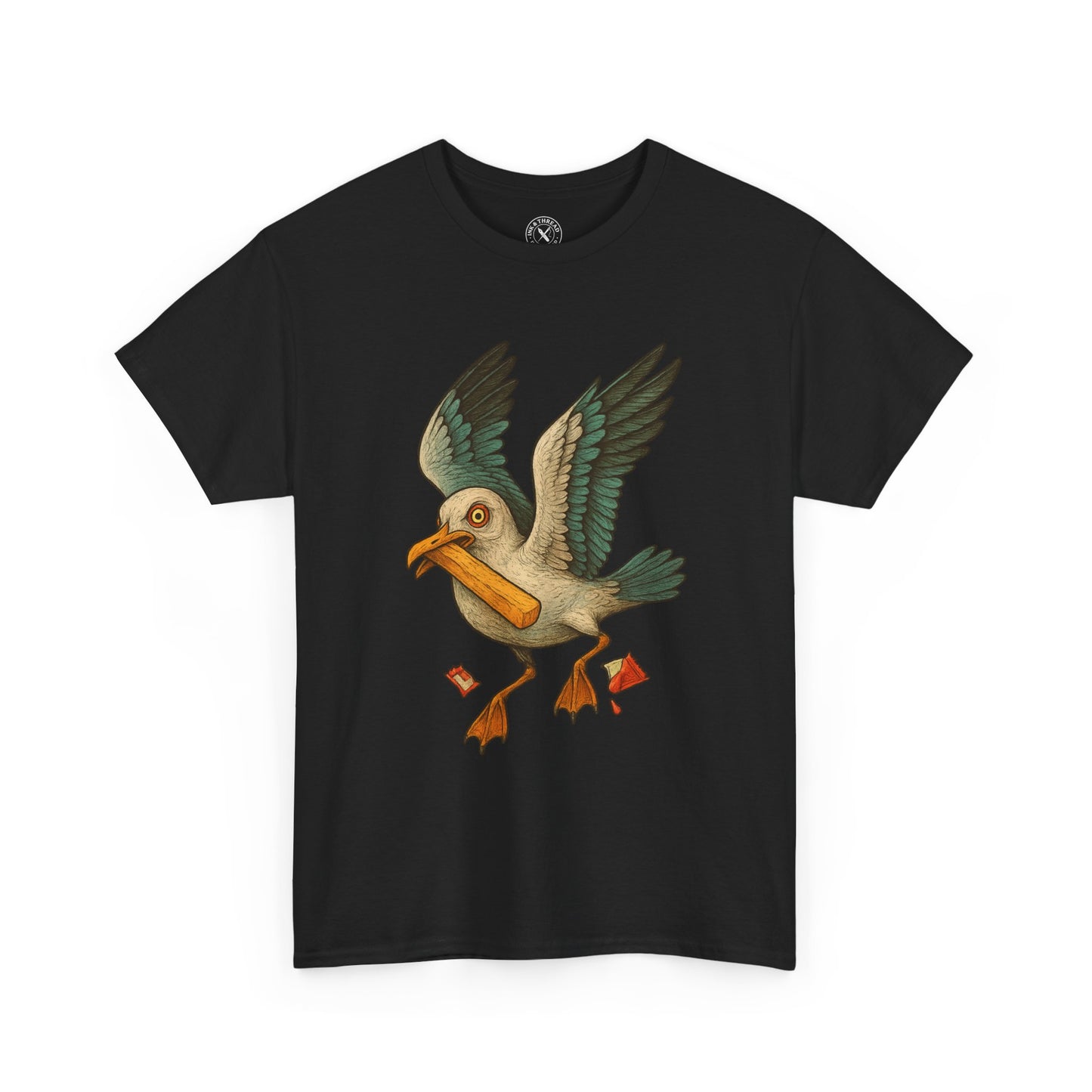 Black t-shirt with a colorful bird graphic on a white background