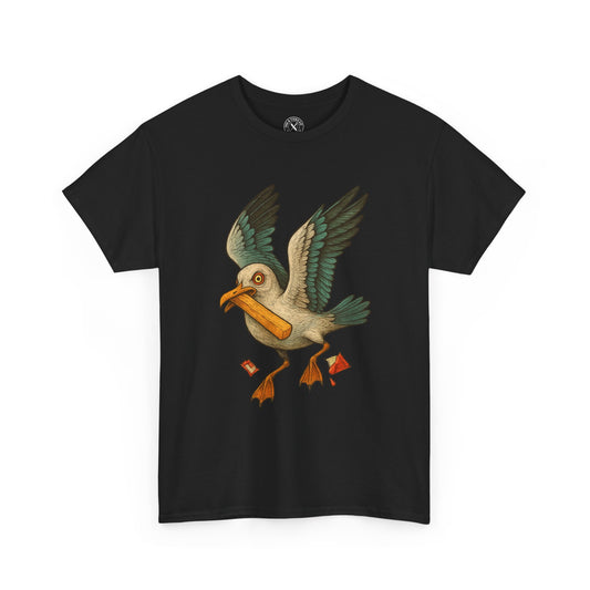 Black t-shirt with a colorful bird graphic on a white background