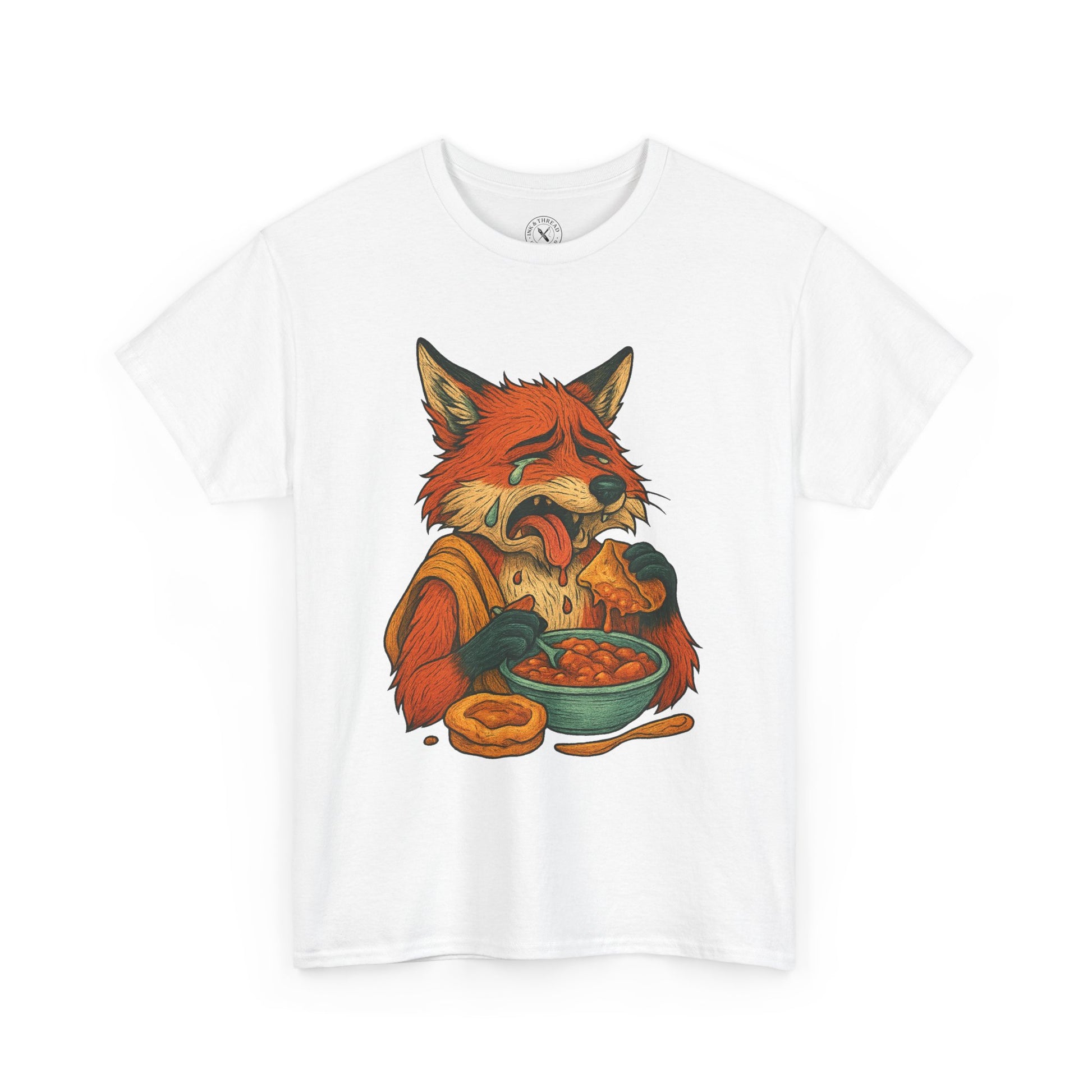 White t-shirt with a colorful fox graphic eating from a bowl on a white background